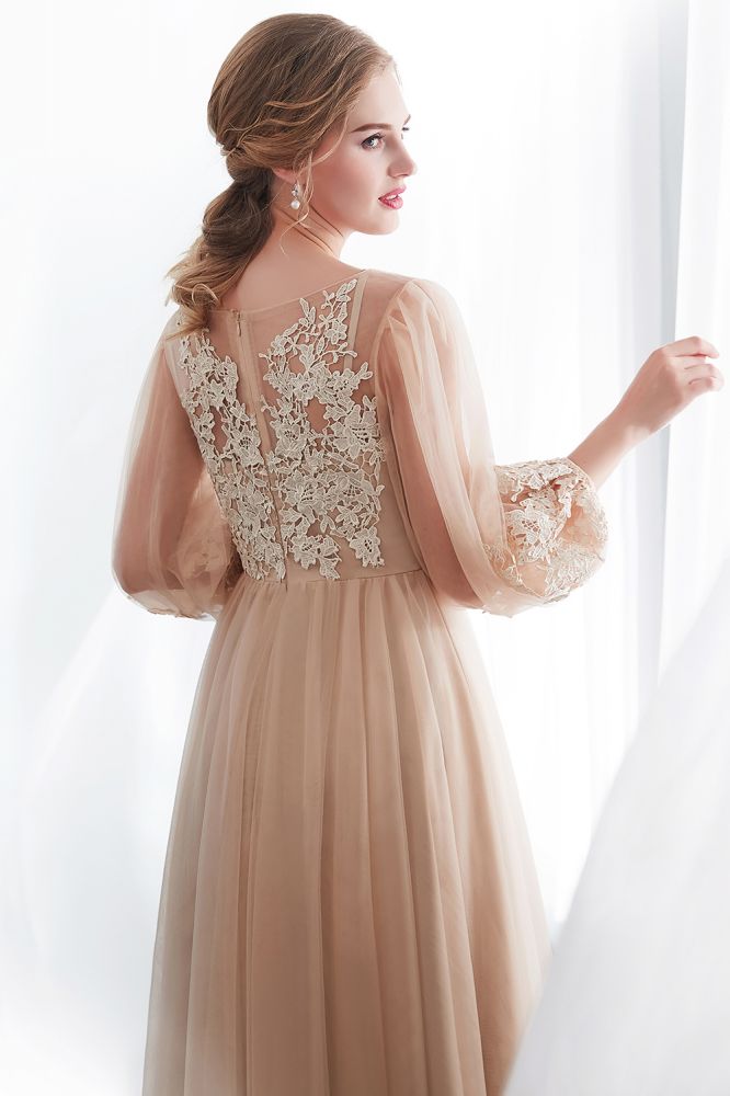 A-line Long Sleeves Appliques Tulle Champagne Evening Dress - Prom Dresses - DINIBLO 