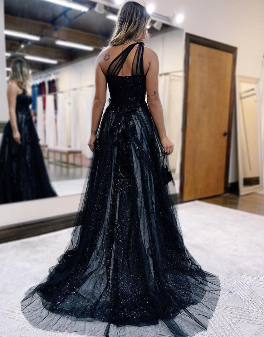 A Line One Shoulder Black Long Prom Dress with Appliques - Prom Dress - DINIBLO 