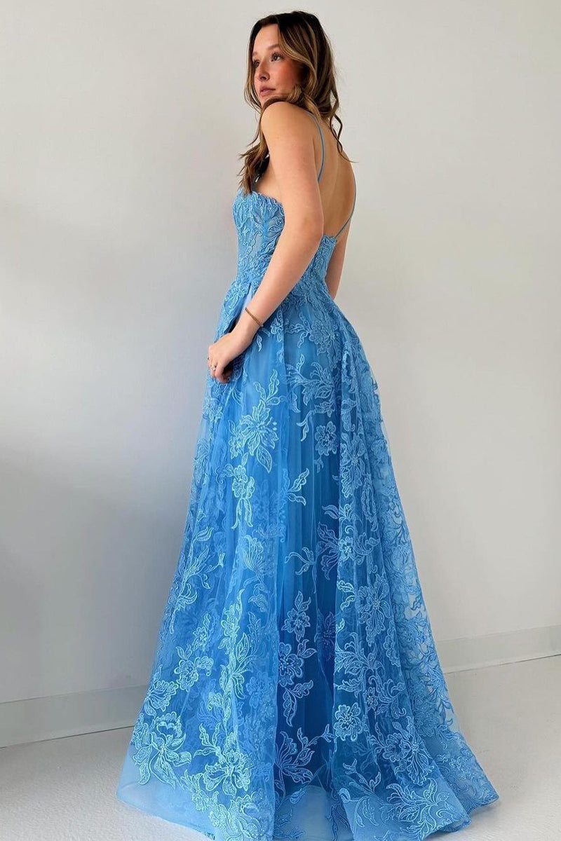 Blue Spaghetti Straps Tulle Appliques Long Prom Dresses - Prom Dress - DINIBLO 