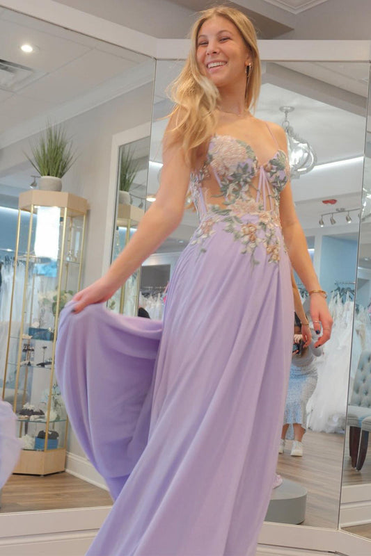 Lilac Sweetheart Chiffon Long Prom Dresses with Appliques - Prom Dress - DINIBLO 