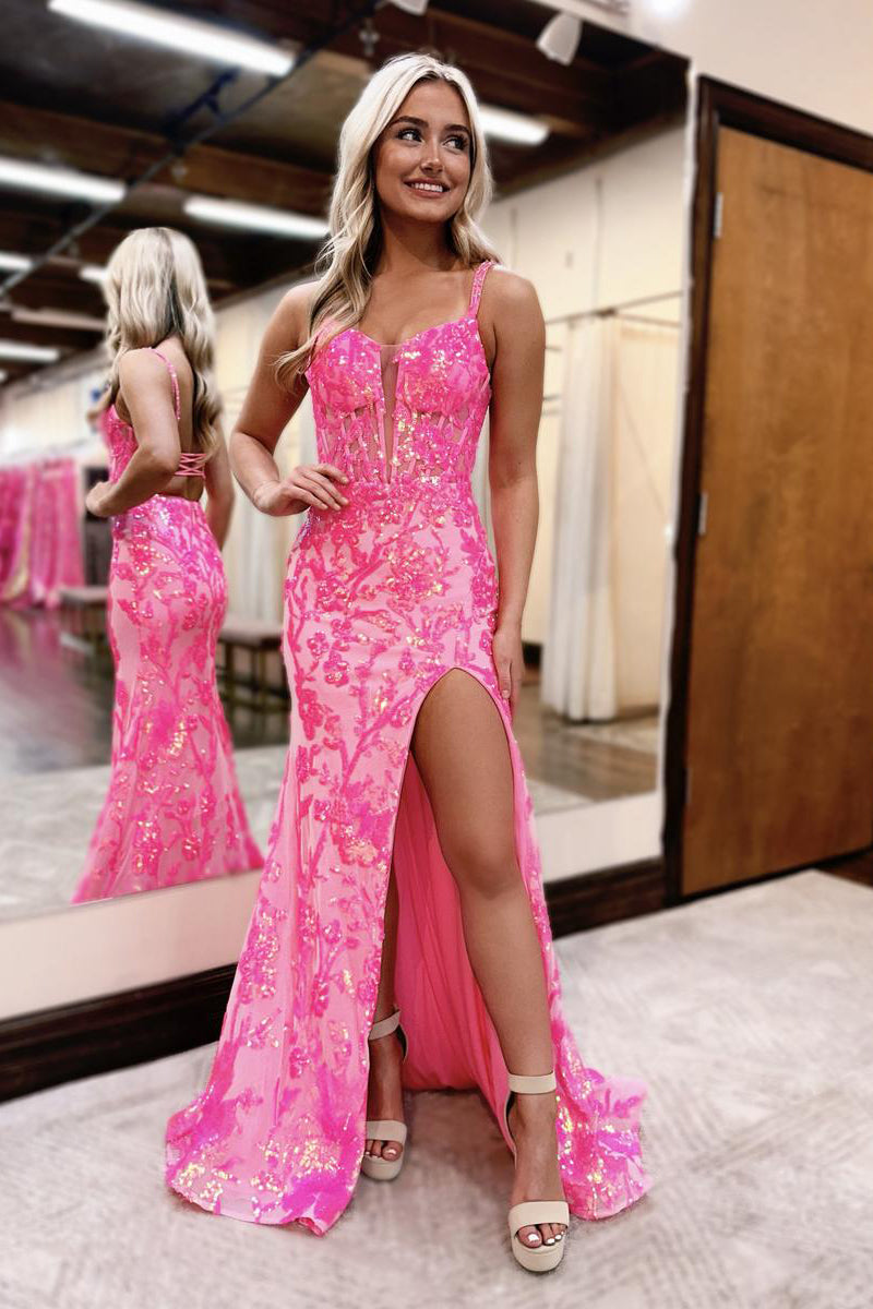 Pink Sweetheart Sequins Lace Mermaid Prom Dresses with Slit - Prom Dress - DINIBLO 