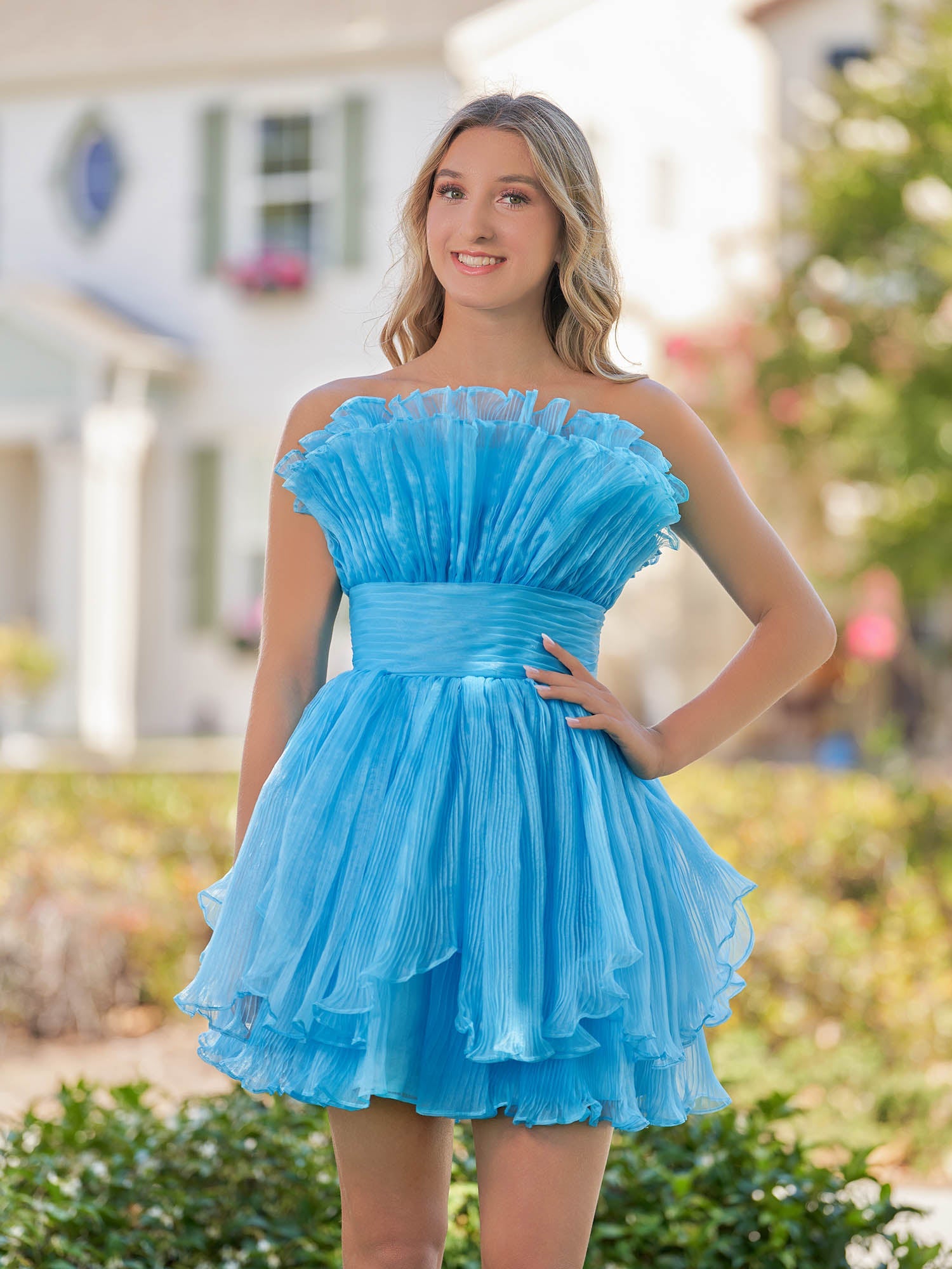 Amaia | Blue A-Line Strapless Pleated Short Tiered Homecoming Dress - Homecoming Dresses - DINIBLO 