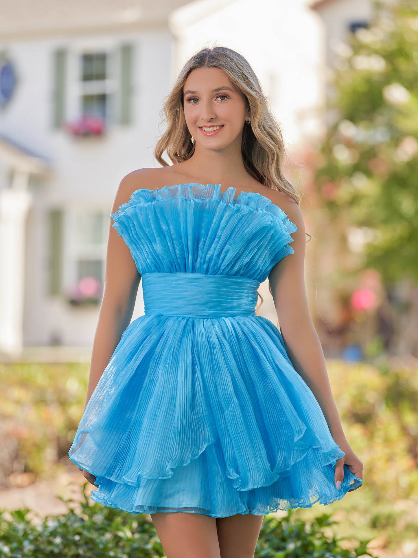 Amaia | Blue A-Line Strapless Pleated Short Tiered Homecoming Dress - Homecoming Dresses - DINIBLO 