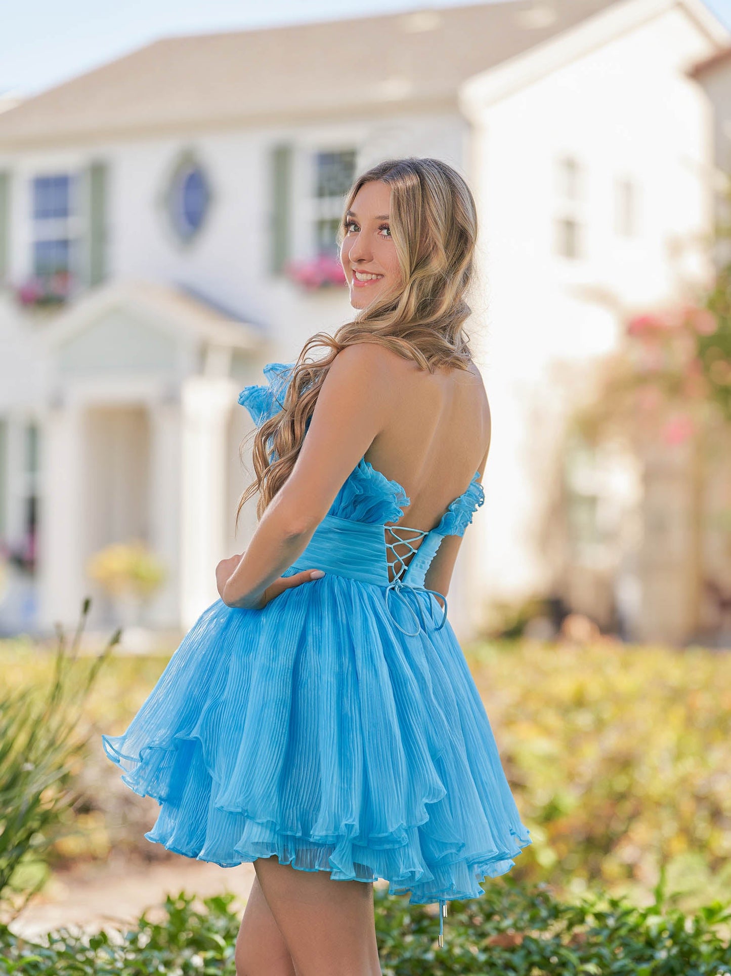 Amaia | Blue A-Line Strapless Pleated Short Tiered Homecoming Dress - Homecoming Dresses - DINIBLO 