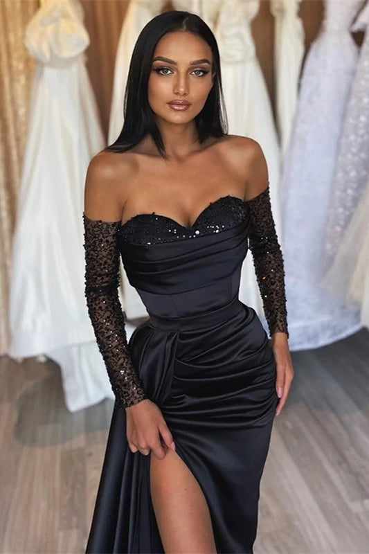 Amazing Long Black Mermaid Split Front Sequined Prom Dress - Prom Dresses - DINIBLO 