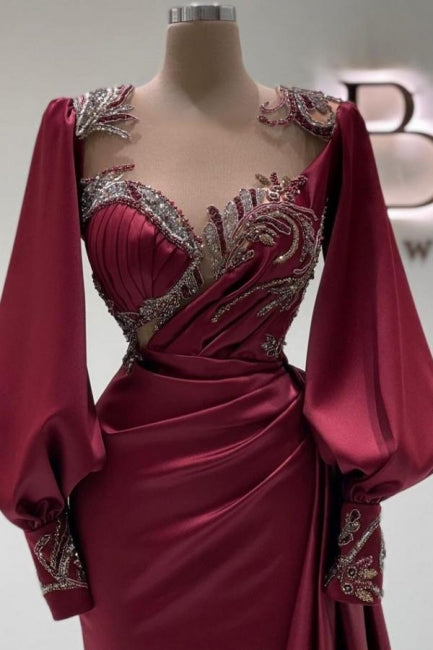 Amazing Long Burgundy Mermaid Beading Lace Prom Dresses with Long Sleeves - Prom Dresses - DINIBLO 