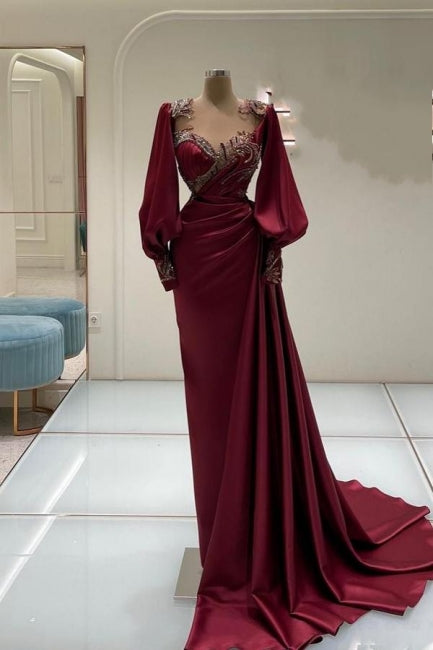 Amazing Long Burgundy Mermaid Beading Lace Prom Dresses with Long Sleeves - Prom Dresses - DINIBLO 