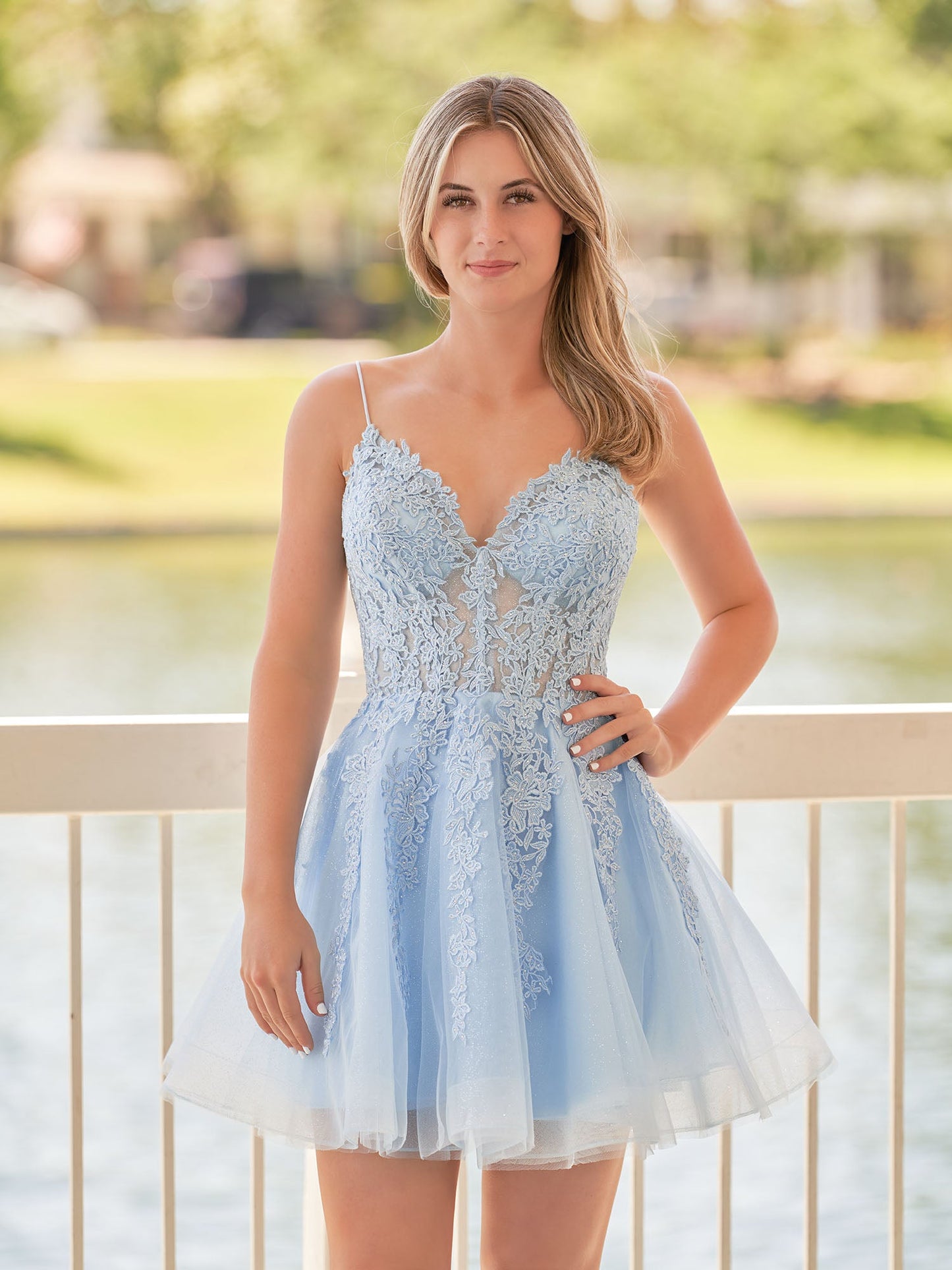 Anisia | A-Line Spaghetti-Straps Sky Blue Lace Homecoming Dress With Appliques - Homecoming Dresses - DINIBLO 