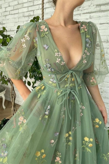 Ankle Length Green V-neck A-line Prom Dresses With Sleeves - Prom Dresses - DINIBLO 