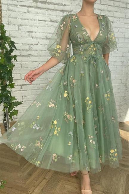 Ankle Length Green V-neck A-line Prom Dresses With Sleeves - Prom Dresses - DINIBLO 