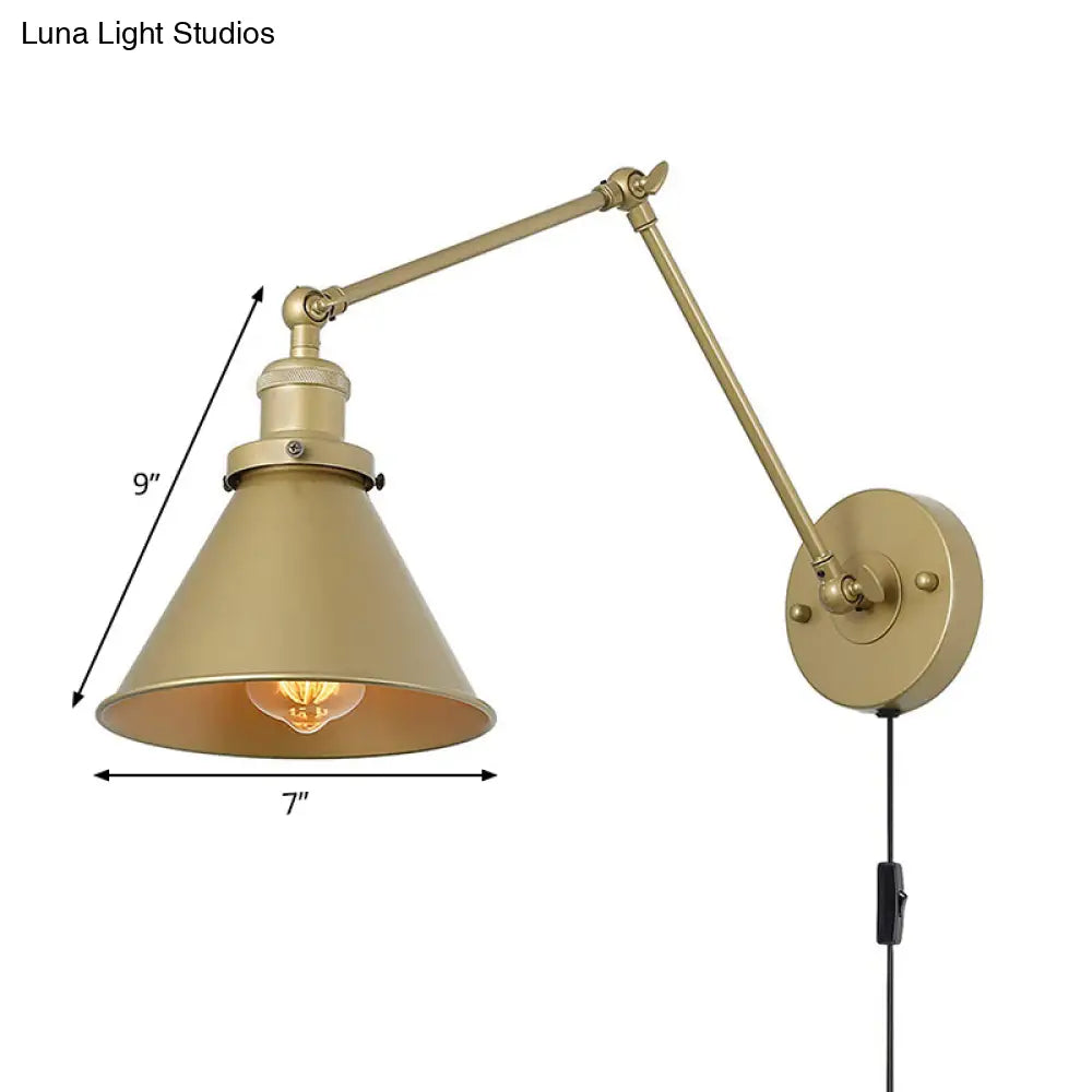 Antique Metallic Conical Bedside Wall Lamp with Swing Arm - Brass Plug-in/Plug-less Wall Mounted Light -  - DINIBLO 