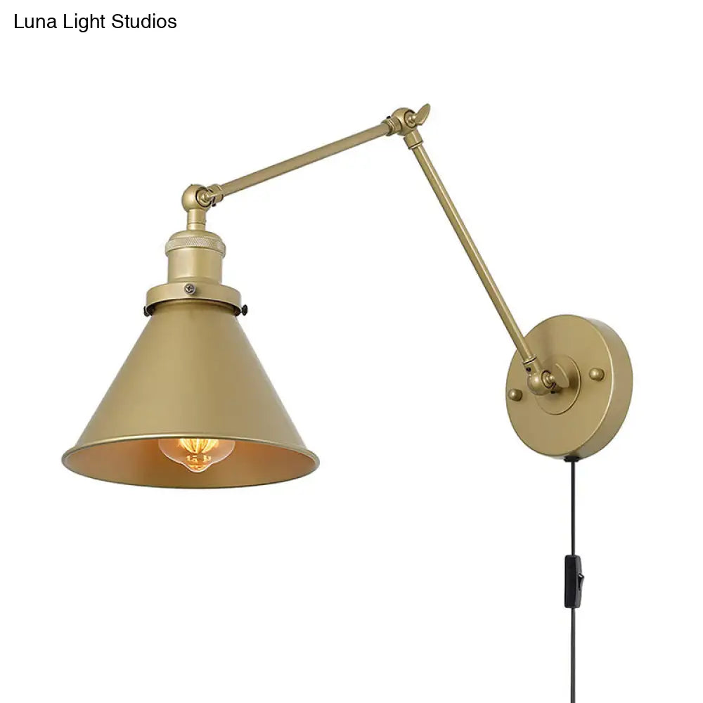 Antique Metallic Conical Bedside Wall Lamp with Swing Arm - Brass Plug-in/Plug-less Wall Mounted Light -  - DINIBLO 