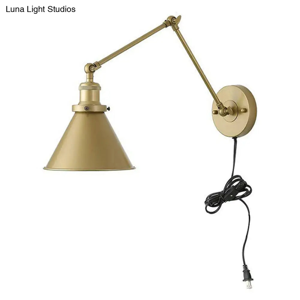 Antique Metallic Conical Bedside Wall Lamp with Swing Arm - Brass Plug-in/Plug-less Wall Mounted Light -  - DINIBLO 