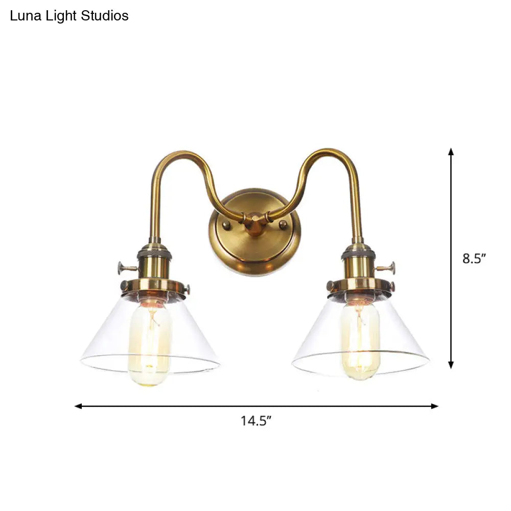 Antiqued Brass Wall Mounted Lamp with Conical/Spherical Shades and Adjustable Arms - 2-Light Fixture for Warehouse or Industrial Spaces -  - DINIBLO 