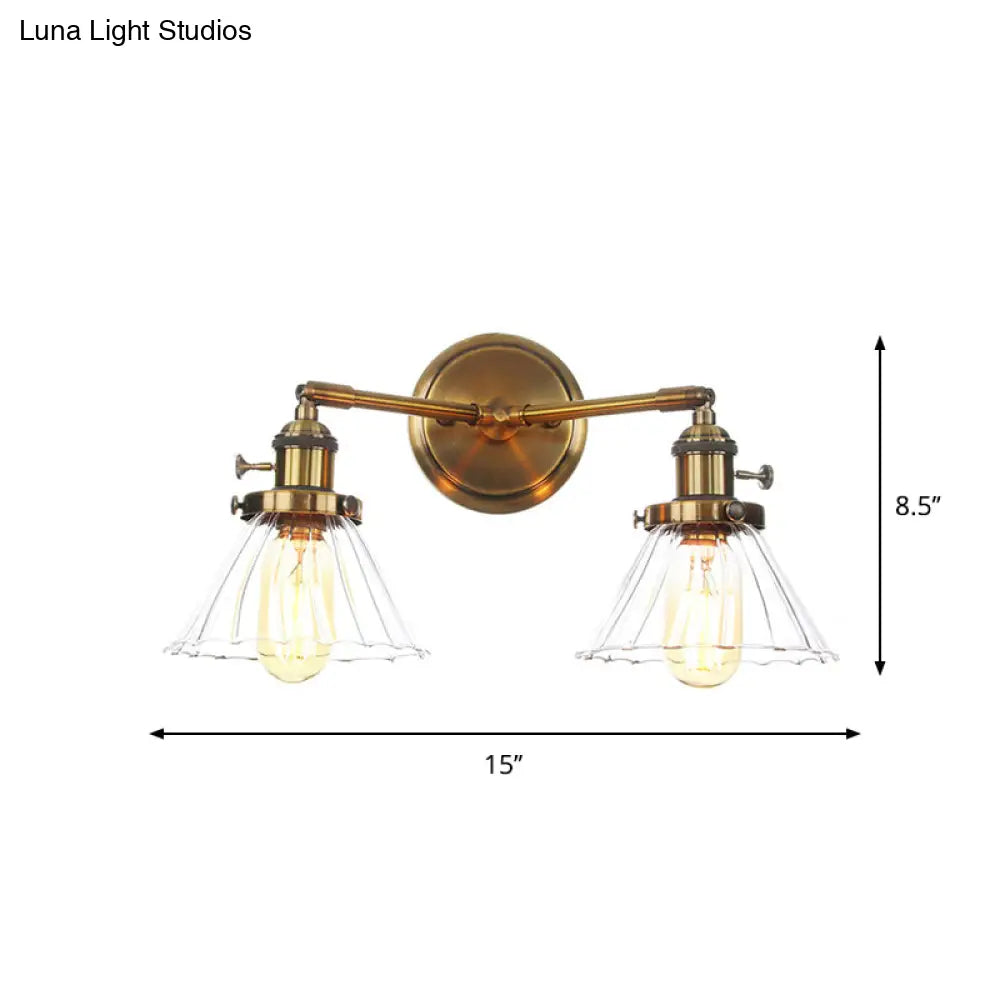 Antiqued Brass Wall Mounted Lamp with Conical/Spherical Shades and Adjustable Arms - 2-Light Fixture for Warehouse or Industrial Spaces -  - DINIBLO 