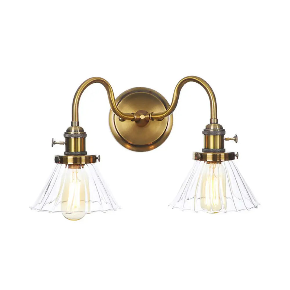 Antiqued Brass Wall Mounted Lamp with Conical/Spherical Shades and Adjustable Arms - 2-Light Fixture for Warehouse or Industrial Spaces -  - DINIBLO 