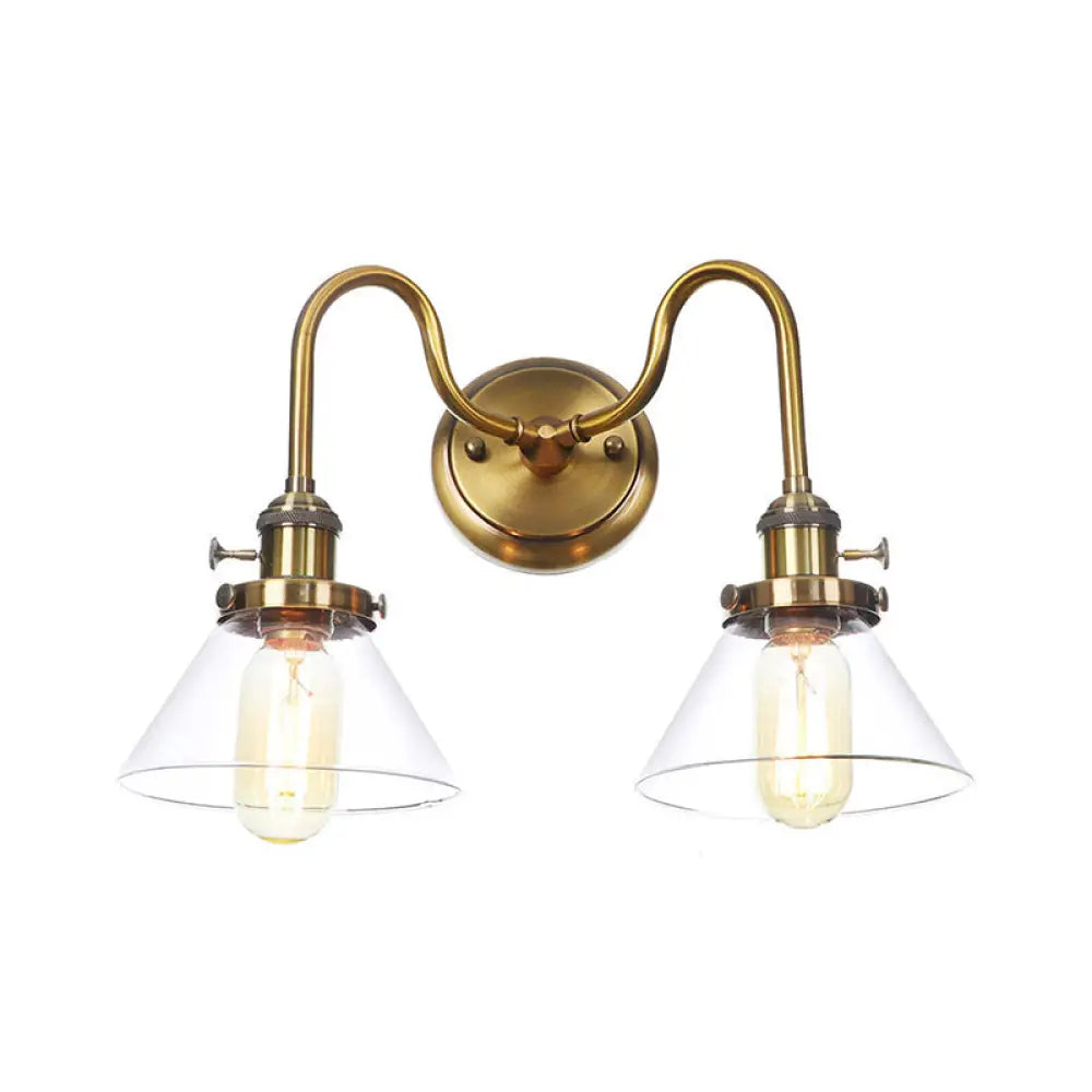 Antiqued Brass Wall Mounted Lamp with Conical/Spherical Shades and Adjustable Arms - 2-Light Fixture for Warehouse or Industrial Spaces -  - DINIBLO 