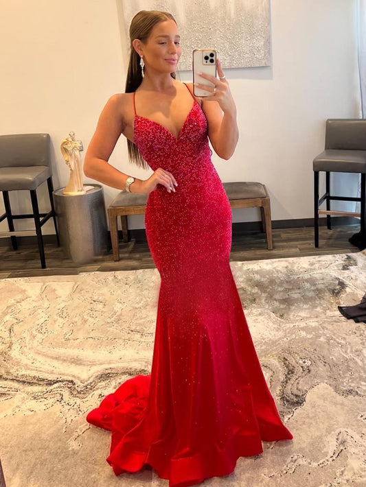 Malia |Mermaid V Neck Red Glitter Satin Prom Dress - Prom Dress - DINIBLO 