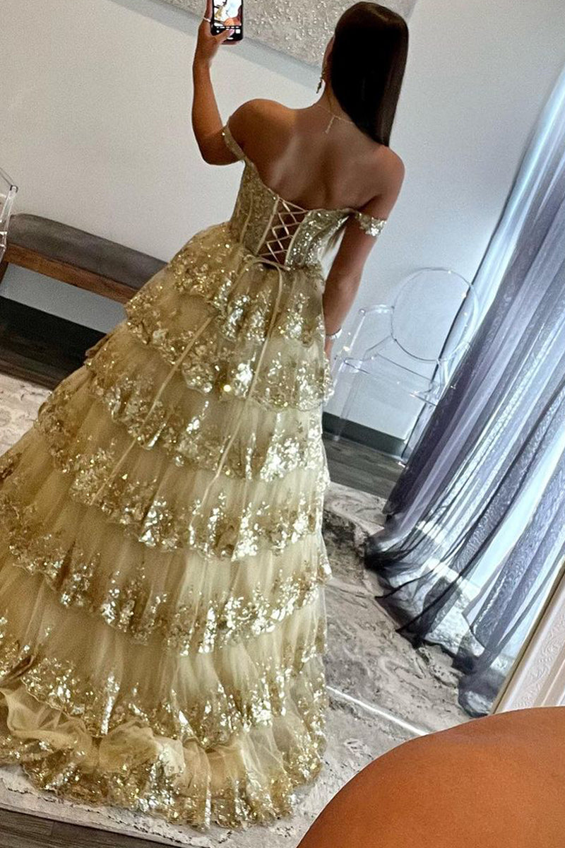 Leona |Princess Off the Shoulder Sequined Lace Prom Dress - Prom Dress - DINIBLO 