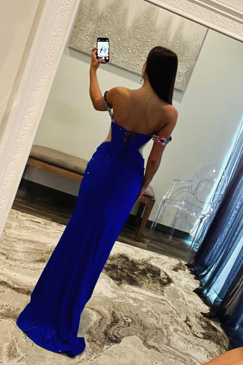 Royal Blue Off the Shoulder Beaded Long Prom Dresses with Appliques - Prom Dress - DINIBLO 