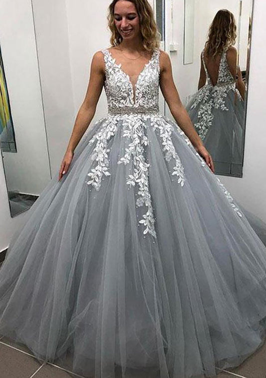 Adley | Ball Gown Sleeveless Long/Floor-Length Tulle Prom Dress With Lace Appliqued Beading - Prom Dress - DINIBLO 