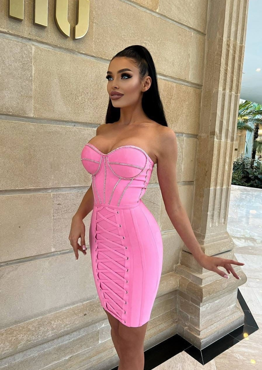 Pink Strapless Corset-style Bandage Dress -  - DINIBLO 