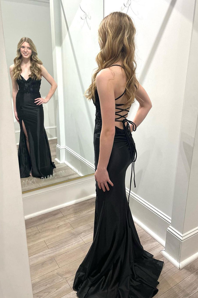 Black V Neck Satin Mermaid Long Prom Dresses with Slit - Prom Dress - DINIBLO 