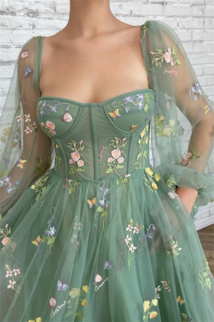 Beautiful Ankle Length A-line Long Sleeves Floral Prom Dress - Prom Dresses - DINIBLO 