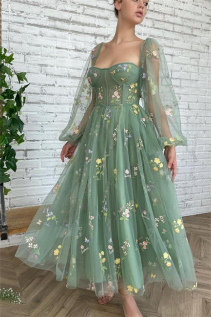 Beautiful Ankle Length A-line Long Sleeves Floral Prom Dress - Prom Dresses - DINIBLO 