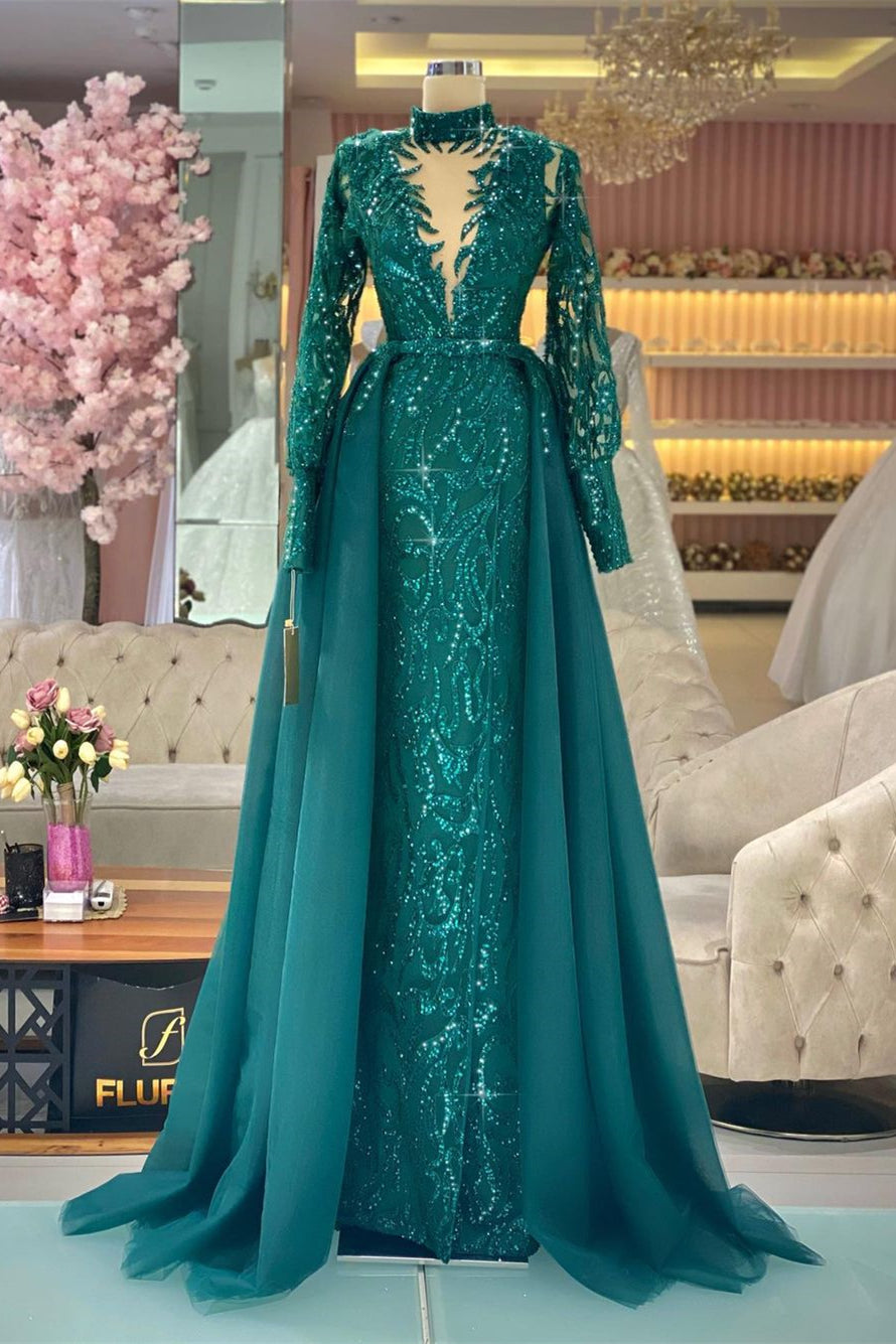 Beautiful Green A-line Long Sleeves High Neck Prom Dress With Lace - Prom Dresses - DINIBLO 