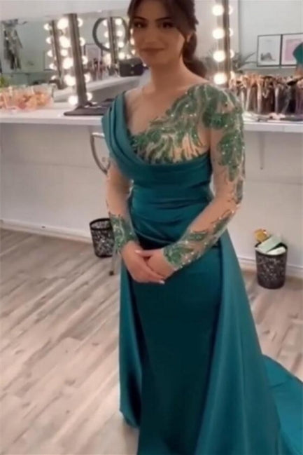 Beautiful Green Long Beading Long Sleeves Prom Dress With Slit - Prom Dresses - DINIBLO 