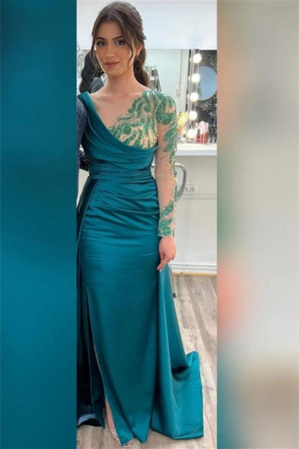 Beautiful Green Long Beading Long Sleeves Prom Dress With Slit - Prom Dresses - DINIBLO 