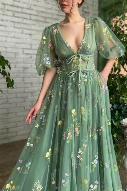 Beautiful Green V-neck A-line Appliques Prom Dress - Prom Dresses - DINIBLO 