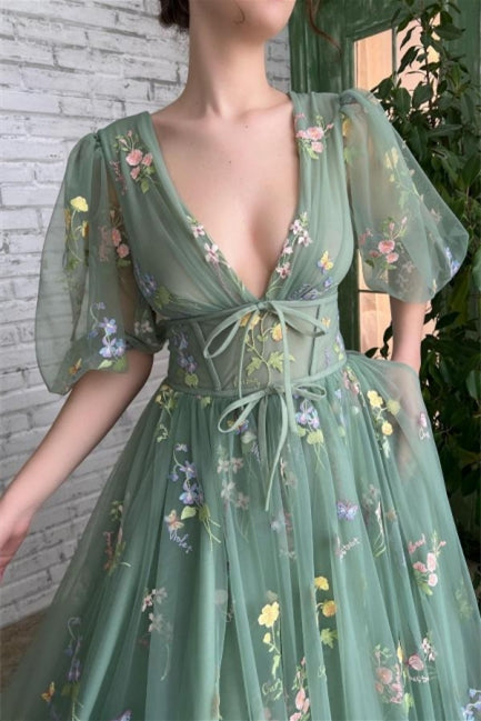 Beautiful Green V-neck A-line Appliques Prom Dress - Prom Dresses - DINIBLO 