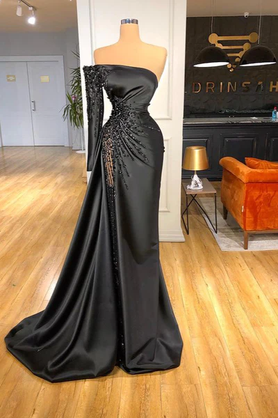 Beautiful Long Black Off-the-shoulder Beading Prom Dress With Long Sleeve - Prom Dresses - DINIBLO 