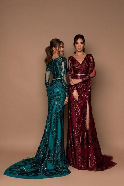 Beautiful Long Black V-neck Mermaid Glitter Evening Dresses with Long Sleeves - Prom Dresses - DINIBLO 