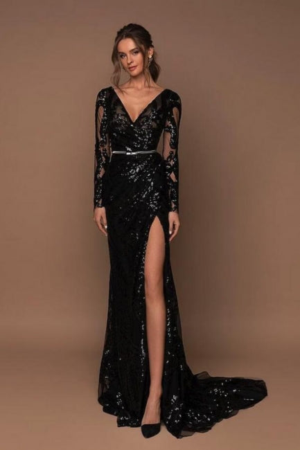 Beautiful Long Black V-neck Mermaid Glitter Evening Dresses with Long Sleeves - Prom Dresses - DINIBLO 