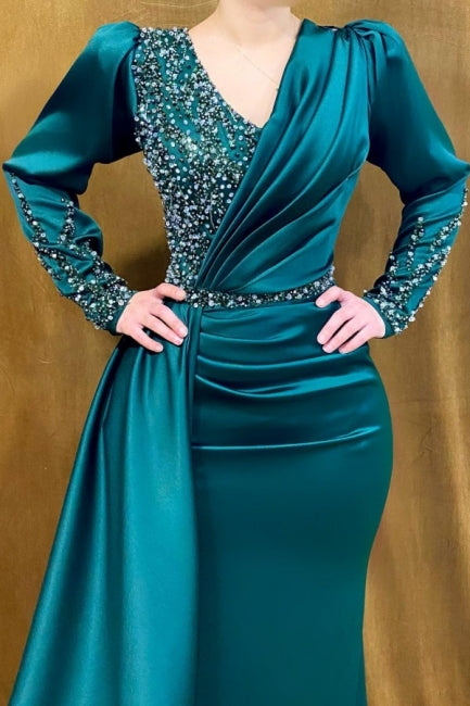 Beautiful Long Green V-neck Beading Mermaid Evening Dresses With Long Sleeves - Prom Dresses - DINIBLO 