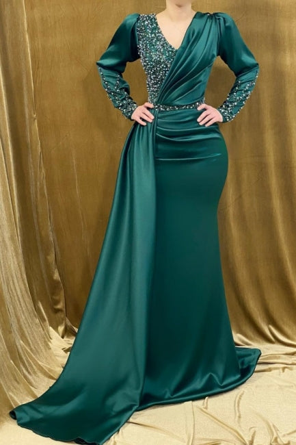 Beautiful Long Green V-neck Beading Mermaid Evening Dresses With Long Sleeves - Prom Dresses - DINIBLO 