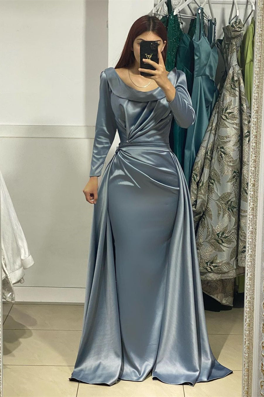 Beautiful Long Jewel Satin Long Sleeves Mermaid Prom Dress - Prom Dresses - DINIBLO 