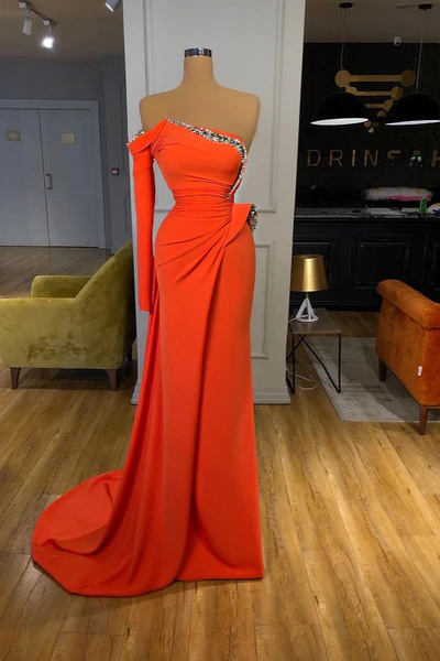 Beautiful Long Off-the-shoulder Satin Split Prom Dress With Long Sleeve - Prom Dresses - DINIBLO 