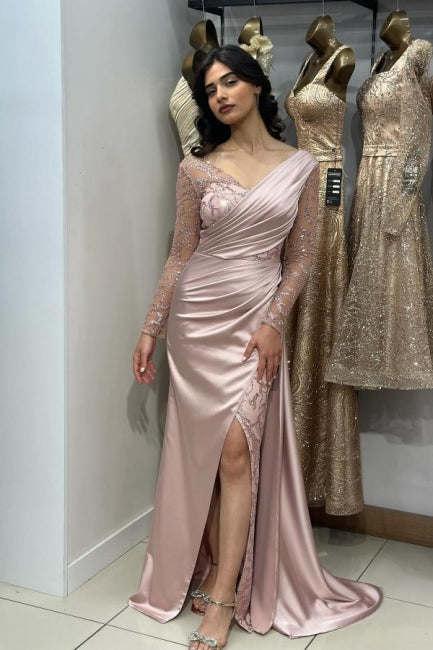 Beautiful Long Pink Mermaid Glitter Lace Split Front Prom Dresses with Long Sleeves - Prom Dresses - DINIBLO 