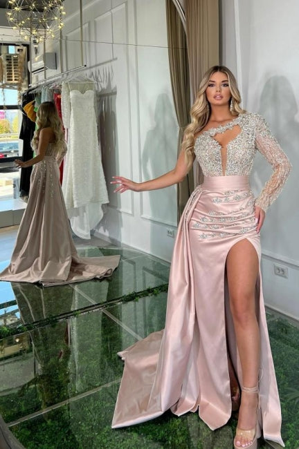 Beautiful Long Pink Mermaid One Shoulder Long Sleeve Glitter Prom Dress With Slit - Prom Dresses - DINIBLO 