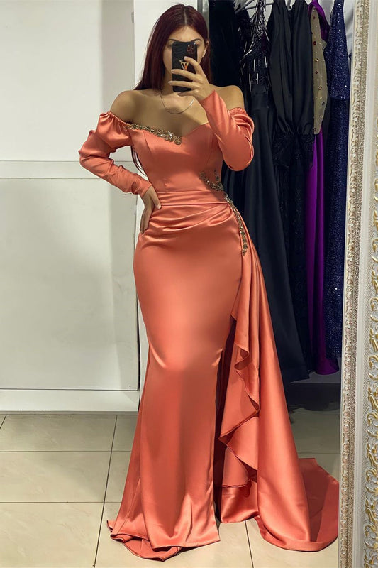 Beautiful Long Satin V-neck Long Sleeves Prom Dress With Rhinestone - Prom Dresses - DINIBLO 