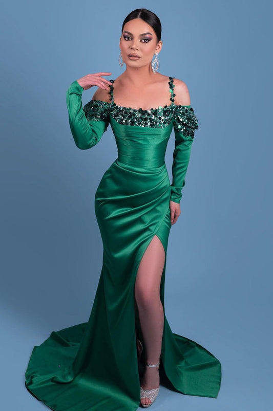 Beautiful Long Spaghetti Green Satin Mermaid Prom Dresses With Long Sleeve - Prom Dresses - DINIBLO 