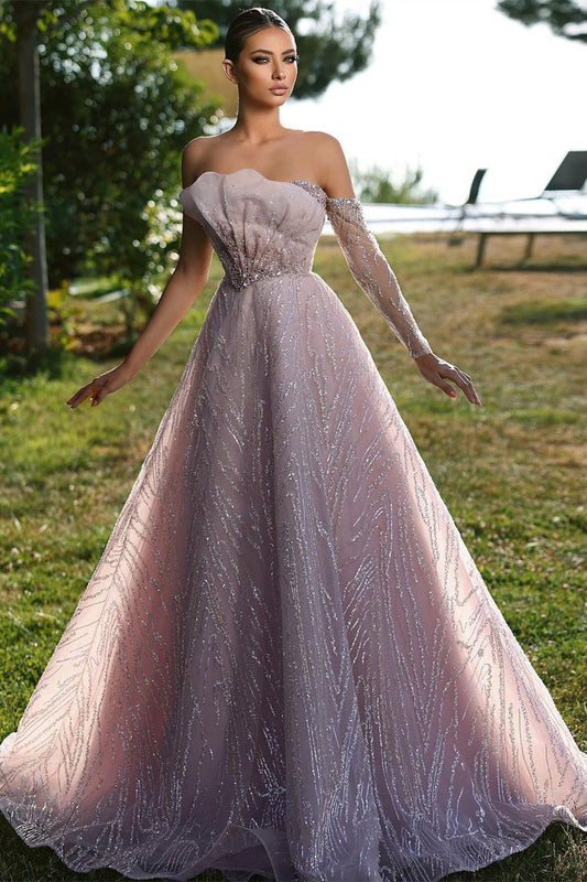 Beautiful Off-the-shoulder Long Sleeve A-line Prom Dress With Ruffles - Prom Dresses - DINIBLO 