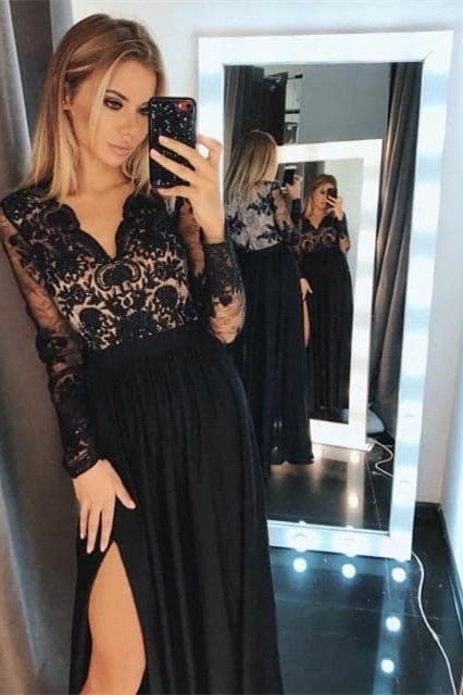 Black Floral Lace Long Sleeves Evening Maxi Dress - Prom Dresses - DINIBLO 