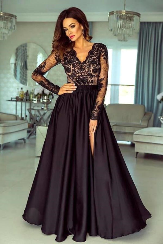 Black Floral Lace Long Sleeves Evening Maxi Dress - Prom Dresses - DINIBLO 