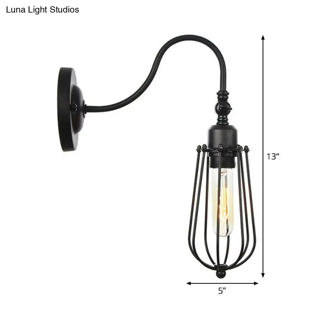 Black Iron Gooseneck Wall Lamp - Single Factory Wall Mounted Lighting Fixture with 3 Cage Options: Tube, Ball, Diamond -  - DINIBLO 