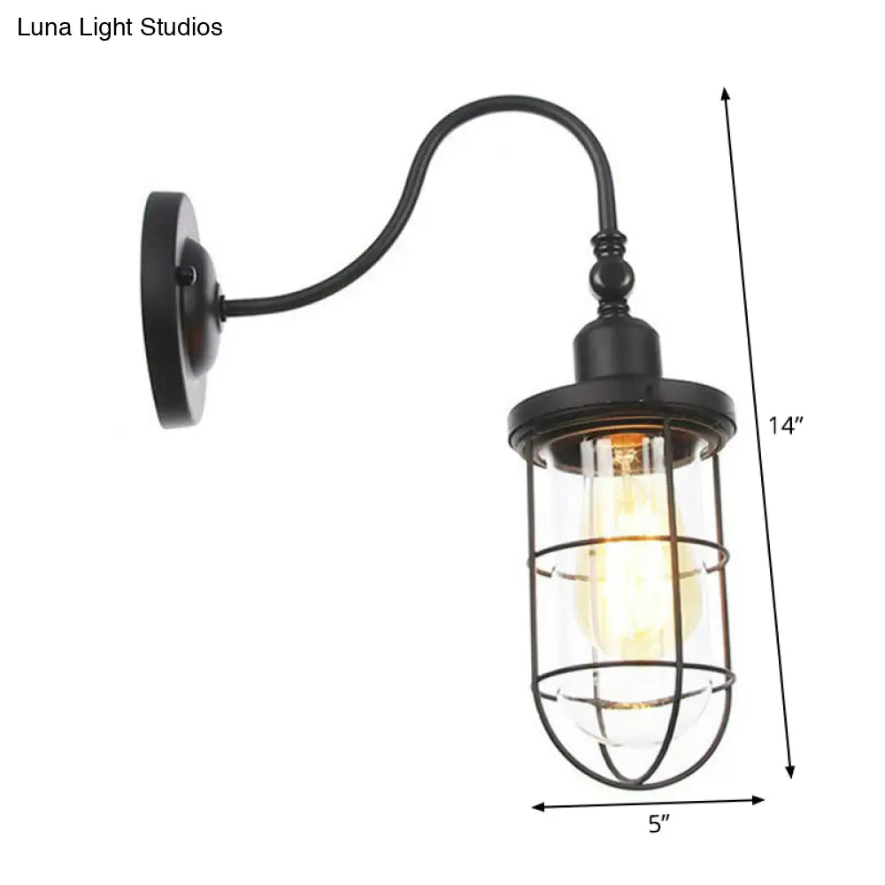 Black Iron Gooseneck Wall Lamp - Single Factory Wall Mounted Lighting Fixture with 3 Cage Options: Tube, Ball, Diamond -  - DINIBLO 